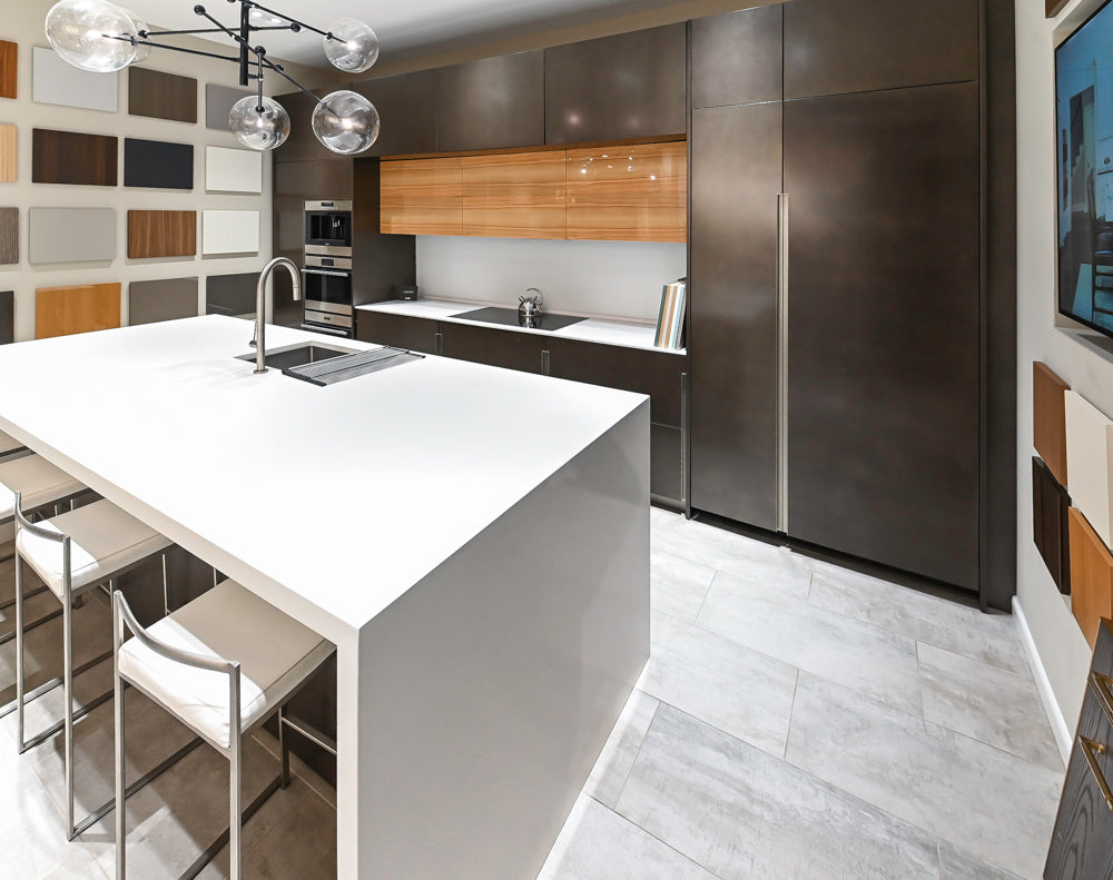 Composit Modern Brown Kitchen with Waterfall Island, Stone Countertops and Wolf & Sub-Zero Appliances