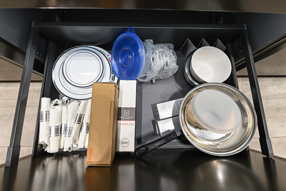 Composit Modern Brown Kitchen with Waterfall Island, Stone Countertops and Wolf & Sub-Zero Appliances
