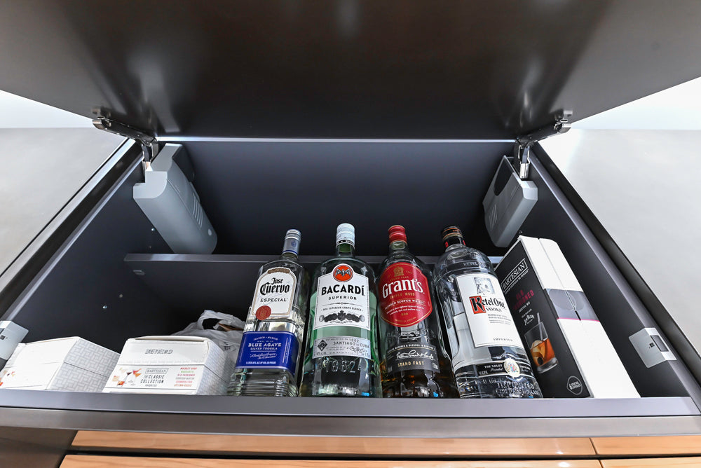 Composit Modern Brown Kitchen with Waterfall Island, Stone Countertops and Wolf & Sub-Zero Appliances