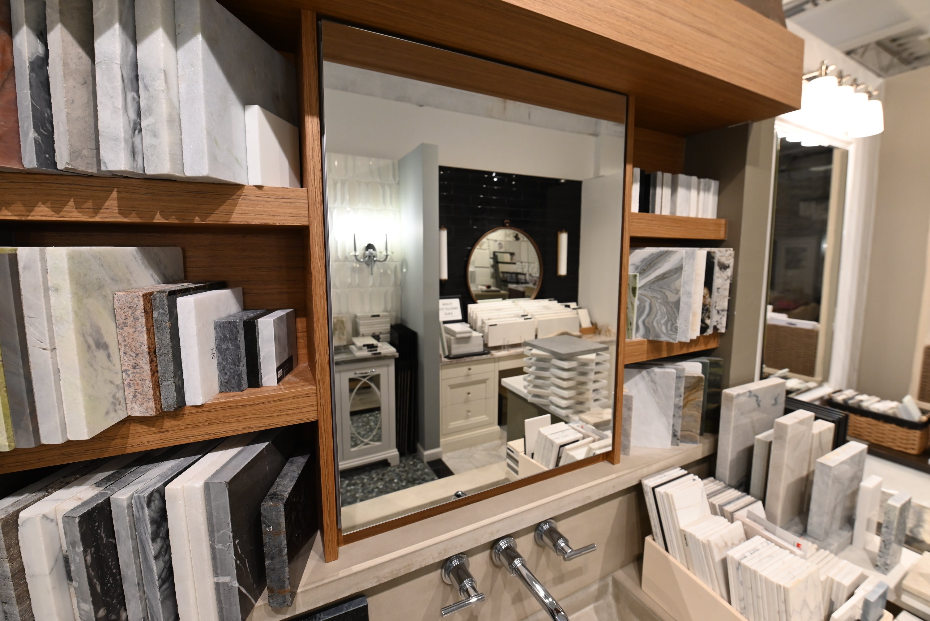 Showcase Modern 53 1/2" Floating Single Vanity with Integrated Stone Sink and Top, Medicine Cabinet and Shelving