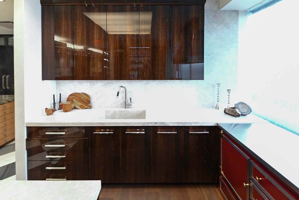 St. Charles Modern Kitchen with La Cornue Chateau Burgundy Cabinets and Glossy Eucalyptus with La Cornue Grand Palais 180 Rangetop and Custom Hood