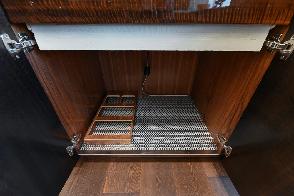 St. Charles Modern Kitchen with La Cornue Chateau Burgundy Cabinets and Glossy Eucalyptus with La Cornue Grand Palais 180 Rangetop and Custom Hood