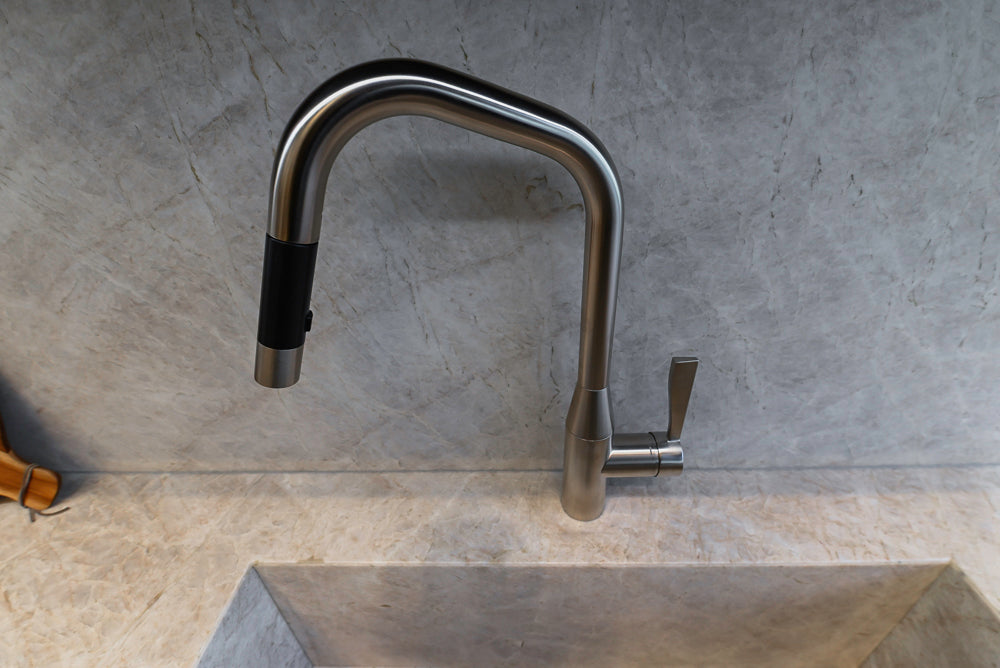 St. Charles Modern Kitchen with La Cornue Chateau Burgundy Cabinets and Glossy Eucalyptus with La Cornue Grand Palais 180 Rangetop and Custom Hood