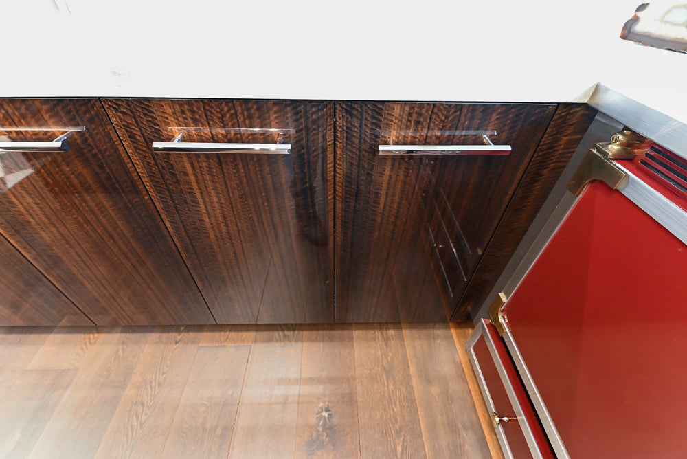 St. Charles Modern Kitchen with La Cornue Chateau Burgundy Cabinets and Glossy Eucalyptus with La Cornue Grand Palais 180 Rangetop and Custom Hood