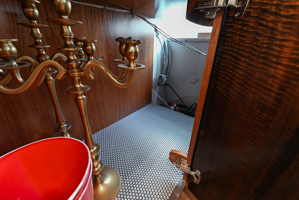 St. Charles Modern Kitchen with La Cornue Chateau Burgundy Cabinets and Glossy Eucalyptus with La Cornue Grand Palais 180 Rangetop and Custom Hood