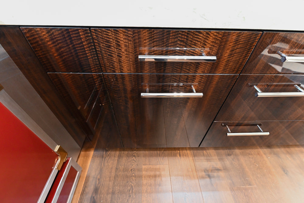 St. Charles Modern Kitchen with La Cornue Chateau Burgundy Cabinets and Glossy Eucalyptus with La Cornue Grand Palais 180 Rangetop and Custom Hood