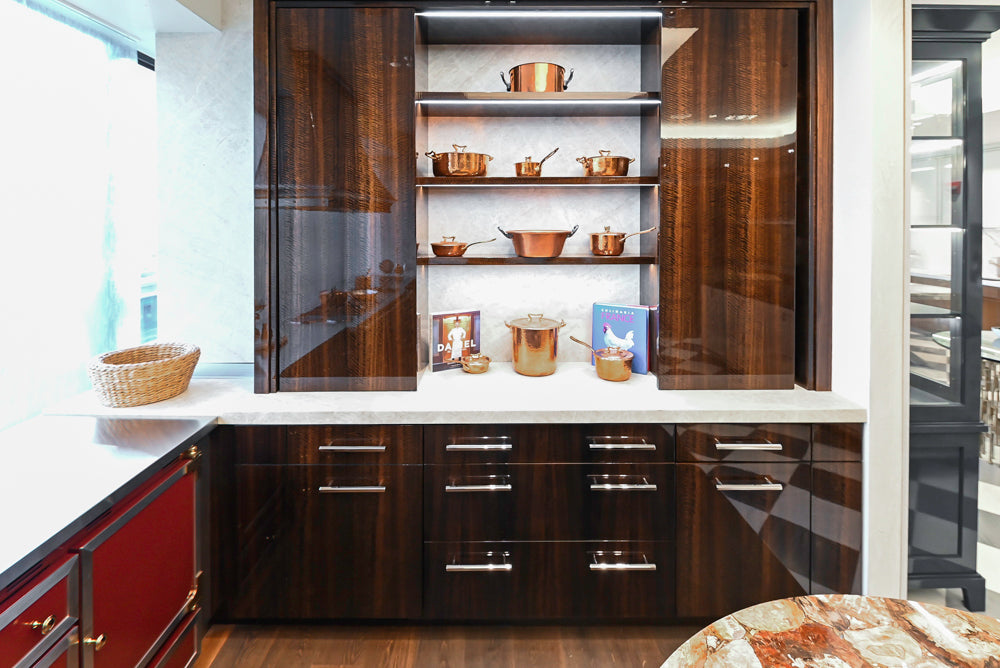 St. Charles Modern Kitchen with La Cornue Chateau Burgundy Cabinets and Glossy Eucalyptus with La Cornue Grand Palais 180 Rangetop and Custom Hood