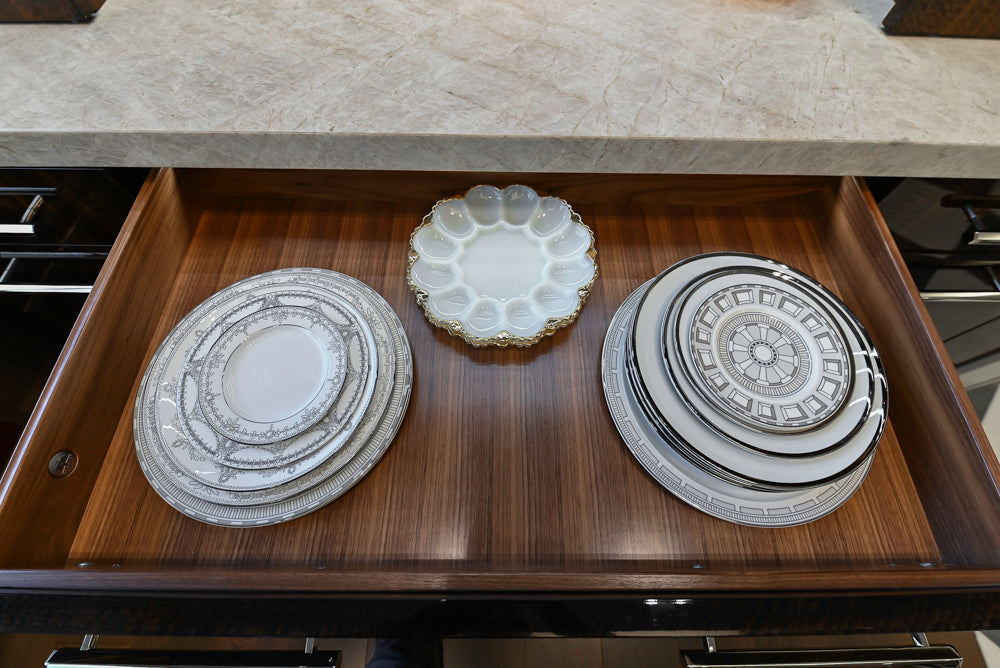 St. Charles Modern Kitchen with La Cornue Chateau Burgundy Cabinets and Glossy Eucalyptus with La Cornue Grand Palais 180 Rangetop and Custom Hood