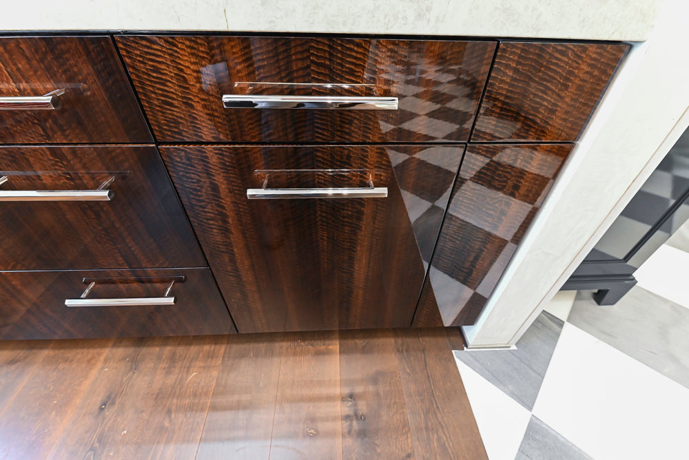 St. Charles Modern Kitchen with La Cornue Chateau Burgundy Cabinets and Glossy Eucalyptus with La Cornue Grand Palais 180 Rangetop and Custom Hood