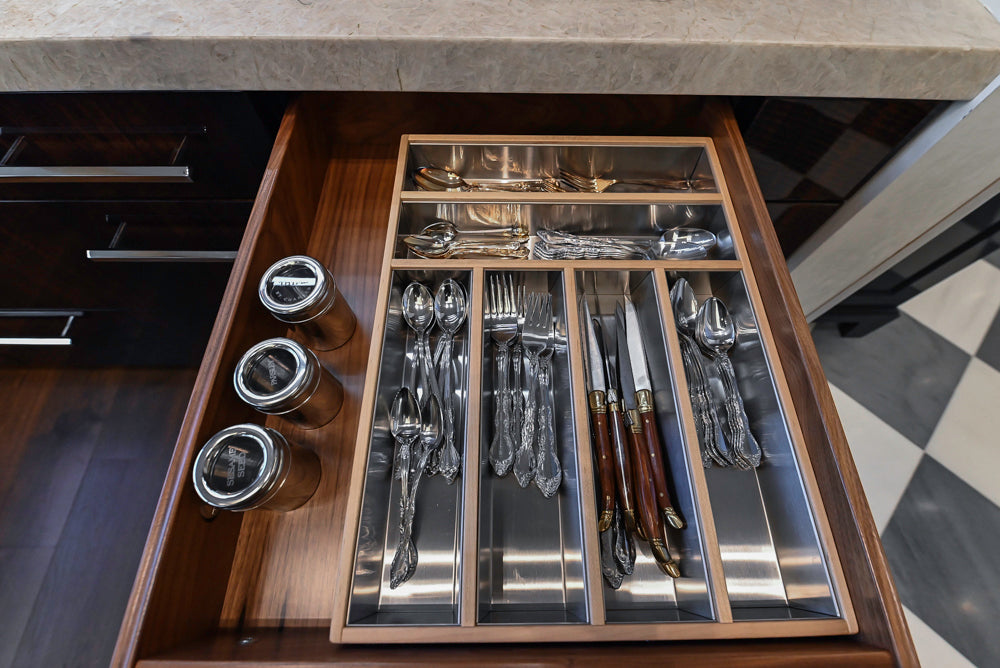 St. Charles Modern Kitchen with La Cornue Chateau Burgundy Cabinets and Glossy Eucalyptus with La Cornue Grand Palais 180 Rangetop and Custom Hood