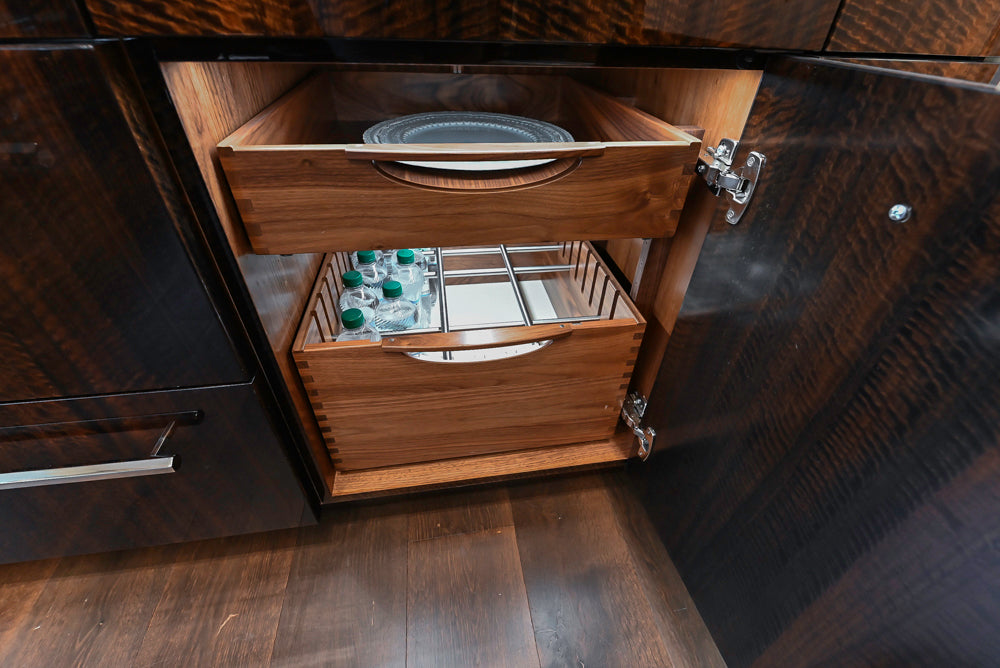 St. Charles Modern Kitchen with La Cornue Chateau Burgundy Cabinets and Glossy Eucalyptus with La Cornue Grand Palais 180 Rangetop and Custom Hood