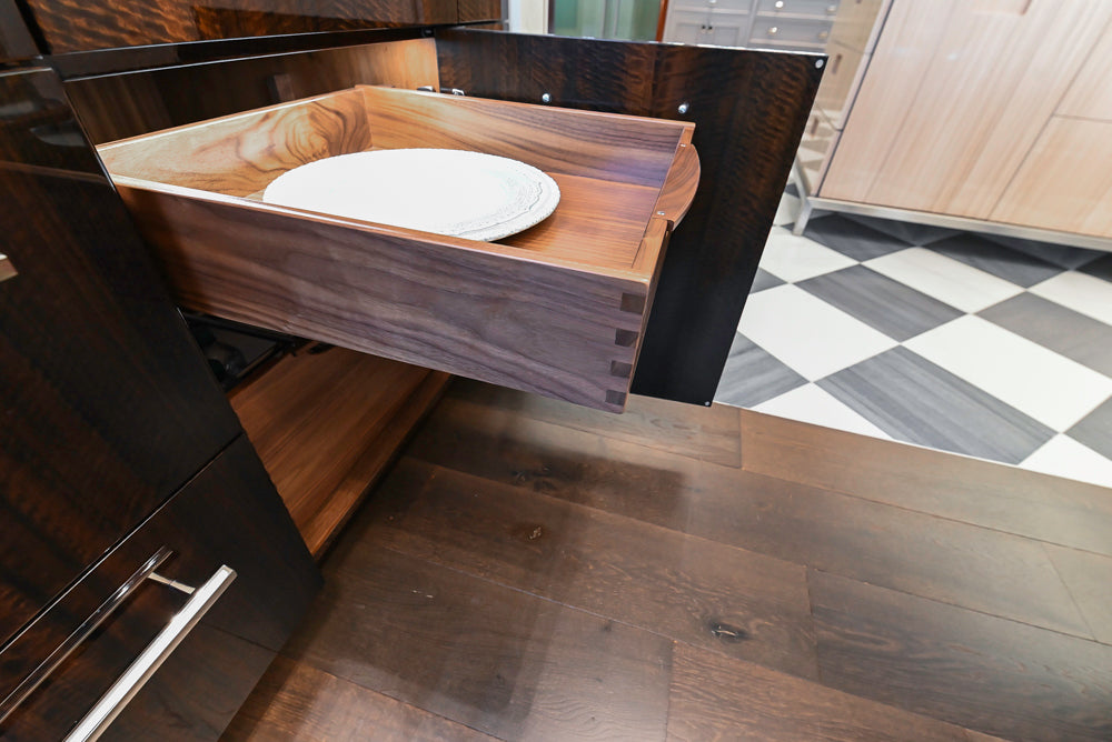 St. Charles Modern Kitchen with La Cornue Chateau Burgundy Cabinets and Glossy Eucalyptus with La Cornue Grand Palais 180 Rangetop and Custom Hood