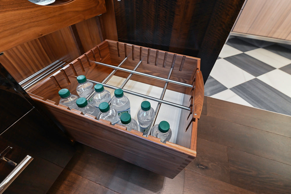 St. Charles Modern Kitchen with La Cornue Chateau Burgundy Cabinets and Glossy Eucalyptus with La Cornue Grand Palais 180 Rangetop and Custom Hood