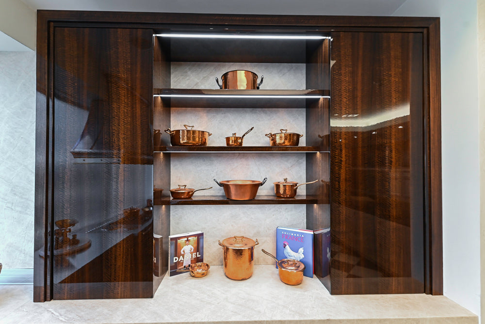 St. Charles Modern Kitchen with La Cornue Chateau Burgundy Cabinets and Glossy Eucalyptus with La Cornue Grand Palais 180 Rangetop and Custom Hood