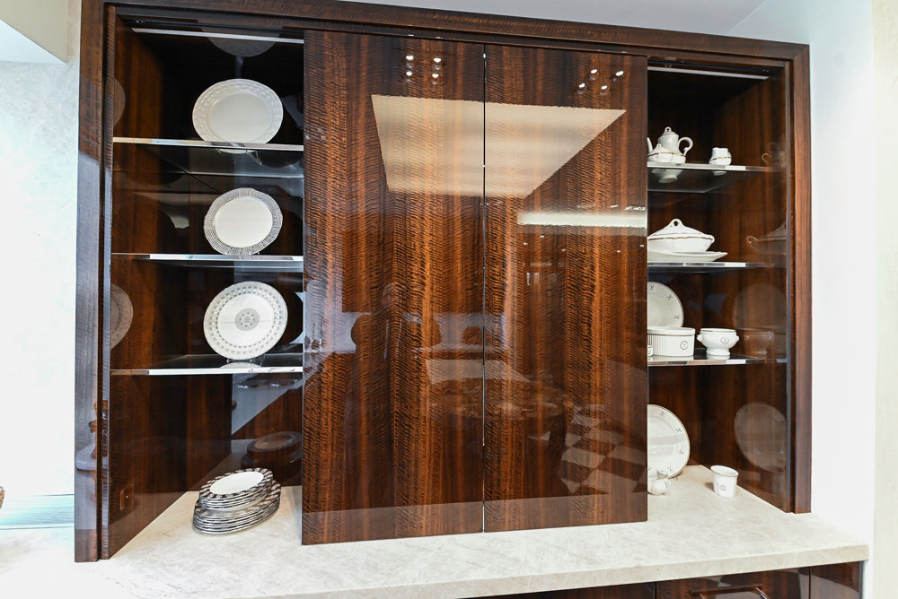 St. Charles Modern Kitchen with La Cornue Chateau Burgundy Cabinets and Glossy Eucalyptus with La Cornue Grand Palais 180 Rangetop and Custom Hood