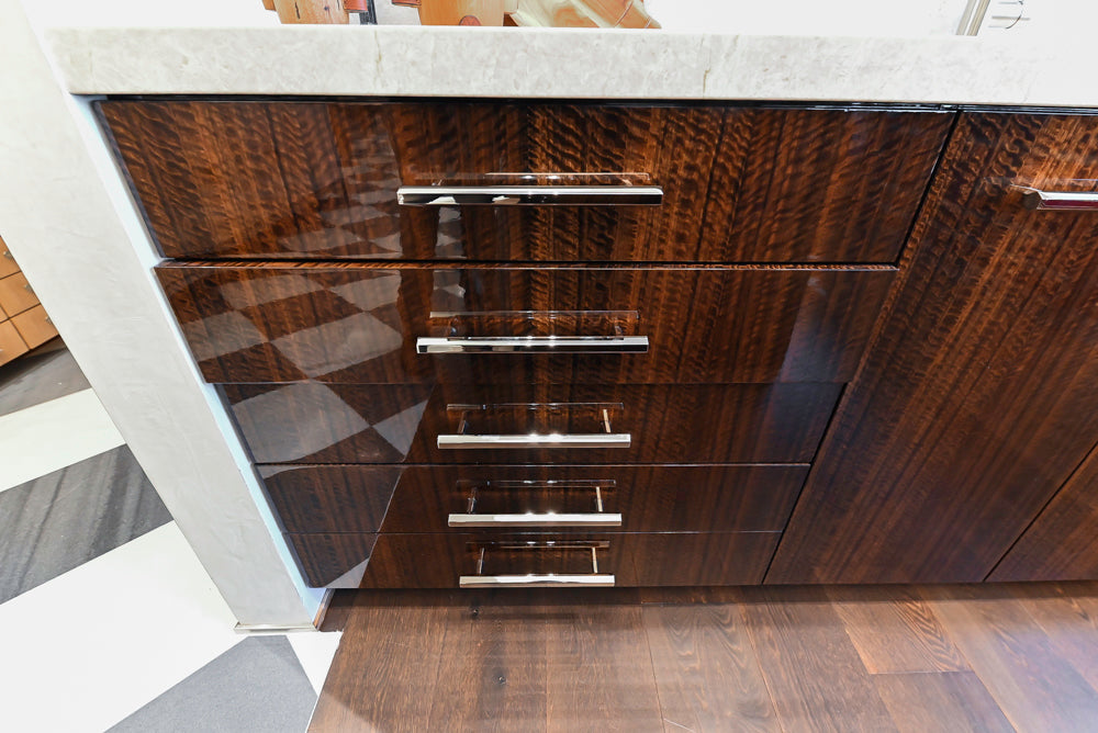 St. Charles Modern Kitchen with La Cornue Chateau Burgundy Cabinets and Glossy Eucalyptus with La Cornue Grand Palais 180 Rangetop and Custom Hood