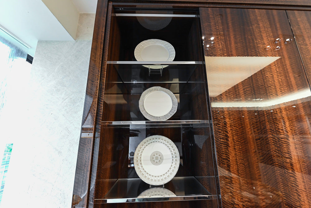 St. Charles Modern Kitchen with La Cornue Chateau Burgundy Cabinets and Glossy Eucalyptus with La Cornue Grand Palais 180 Rangetop and Custom Hood