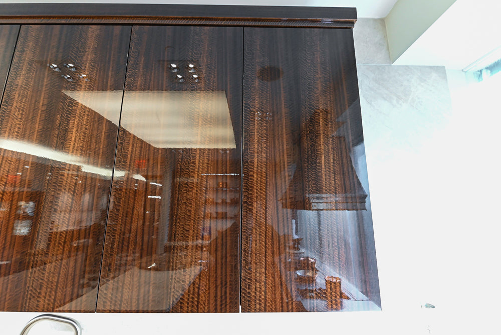 St. Charles Modern Kitchen with La Cornue Chateau Burgundy Cabinets and Glossy Eucalyptus with La Cornue Grand Palais 180 Rangetop and Custom Hood