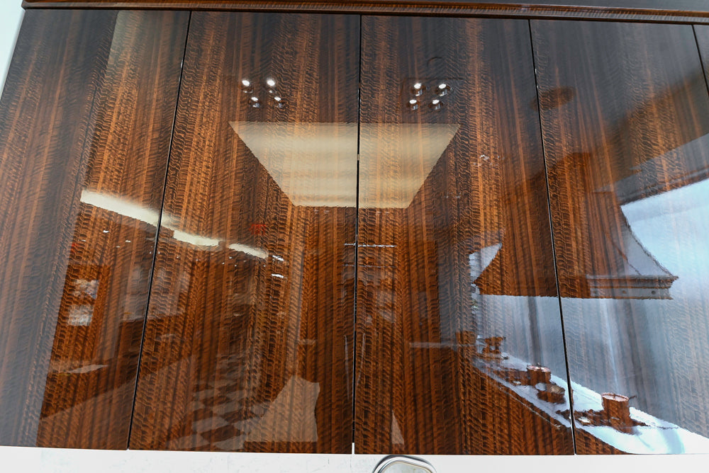 St. Charles Modern Kitchen with La Cornue Chateau Burgundy Cabinets and Glossy Eucalyptus with La Cornue Grand Palais 180 Rangetop and Custom Hood