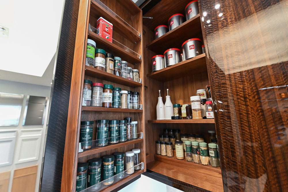 St. Charles Modern Kitchen with La Cornue Chateau Burgundy Cabinets and Glossy Eucalyptus with La Cornue Grand Palais 180 Rangetop and Custom Hood