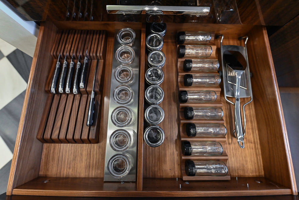 St. Charles Modern Kitchen with La Cornue Chateau Burgundy Cabinets and Glossy Eucalyptus with La Cornue Grand Palais 180 Rangetop and Custom Hood