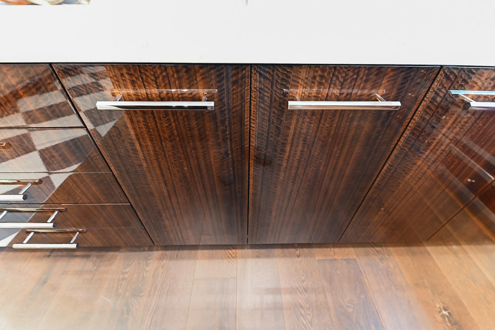 St. Charles Modern Kitchen with La Cornue Chateau Burgundy Cabinets and Glossy Eucalyptus with La Cornue Grand Palais 180 Rangetop and Custom Hood