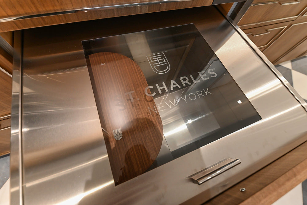 St. Charles Modern Eucalyptus and White Satin Sheen Kitchenette with La Cornue Flamberge Rotisserie