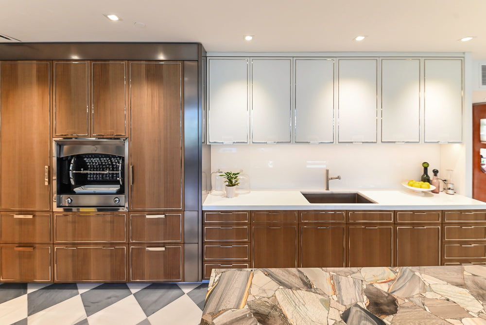 St. Charles Modern Eucalyptus and White Satin Sheen Kitchenette with La Cornue Flamberge Rotisserie