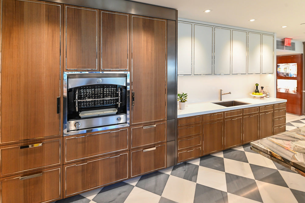 St. Charles Modern Eucalyptus and White Satin Sheen Kitchenette with La Cornue Flamberge Rotisserie