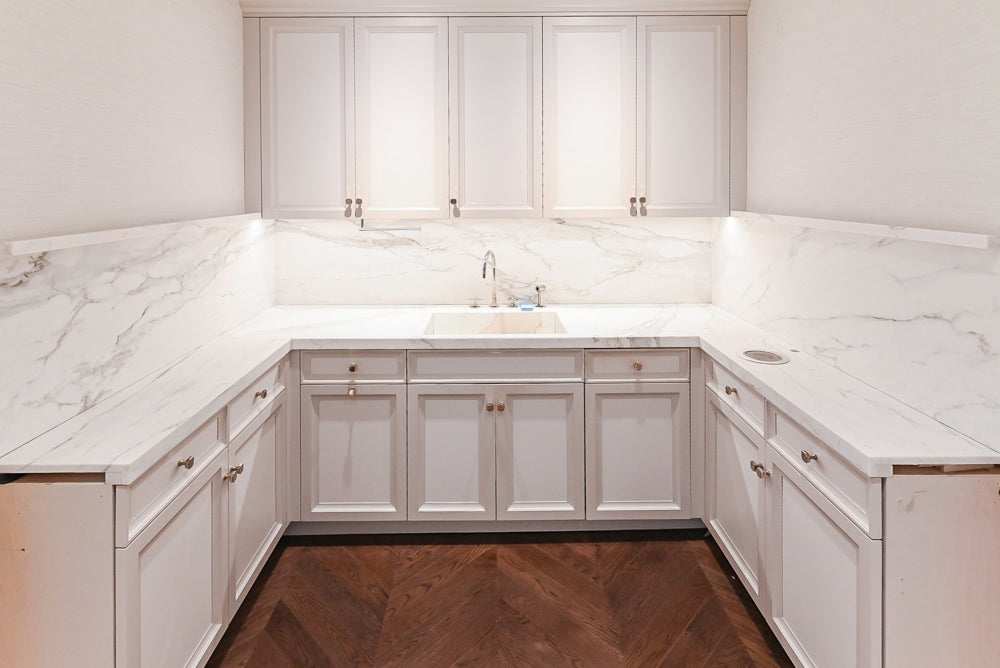 St. Charles Transitional Two-Tone White Butler's Pantry with Calcatta Marble Countertops