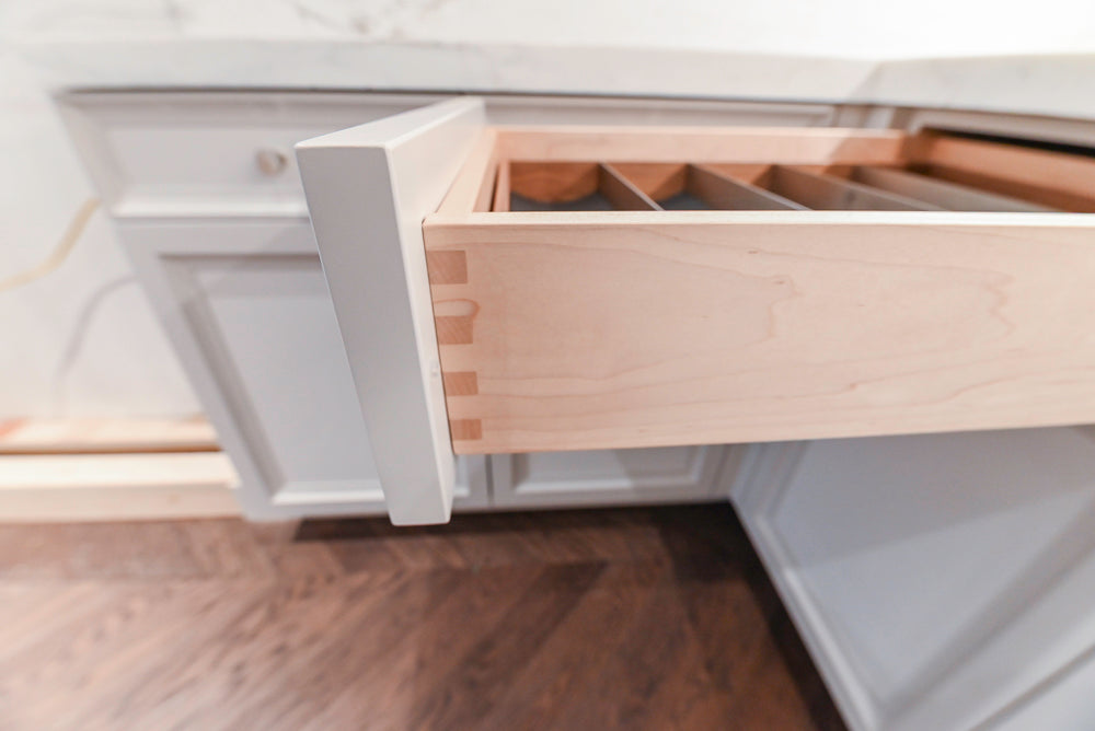 St. Charles Transitional Two-Tone White Butler's Pantry with Calcatta Marble Countertops