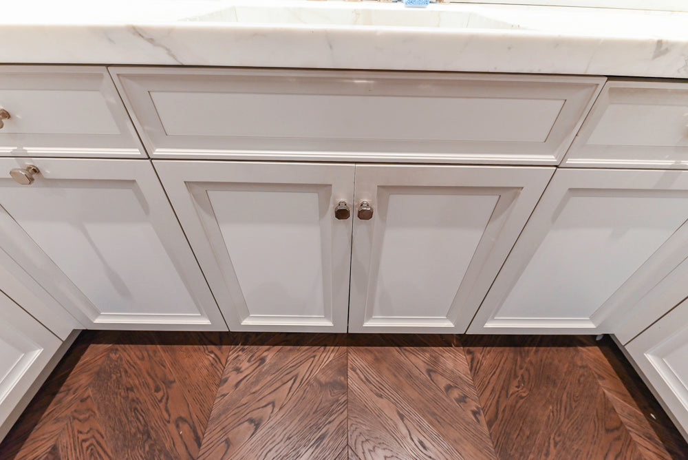 St. Charles Transitional Two-Tone White Butler's Pantry with Calcatta Marble Countertops