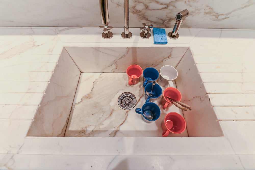 St. Charles Transitional Two-Tone White Butler's Pantry with Calcatta Marble Countertops