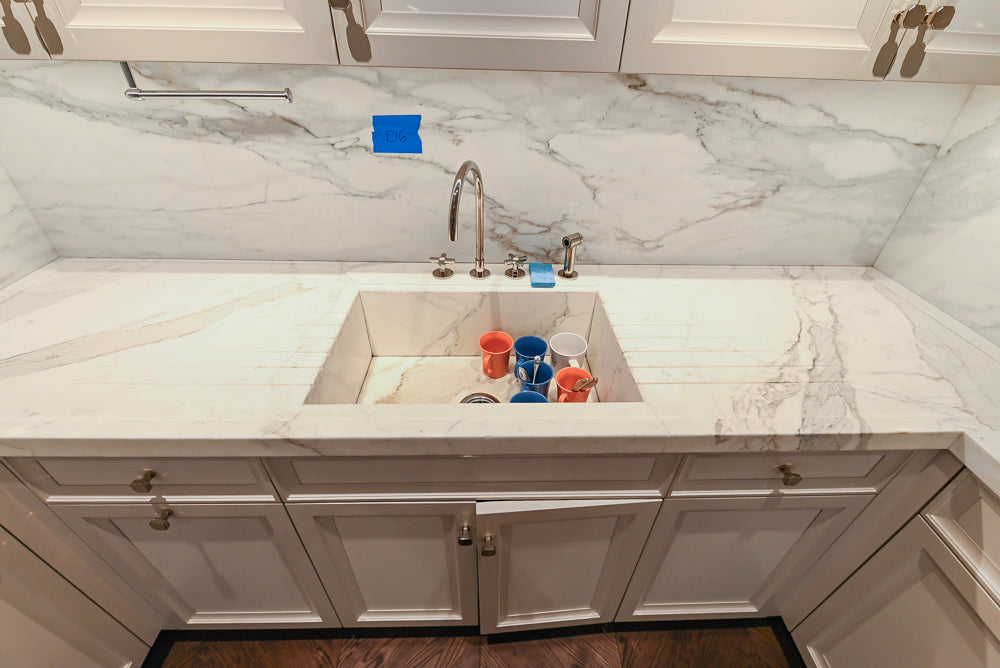 St. Charles Transitional Two-Tone White Butler's Pantry with Calcatta Marble Countertops
