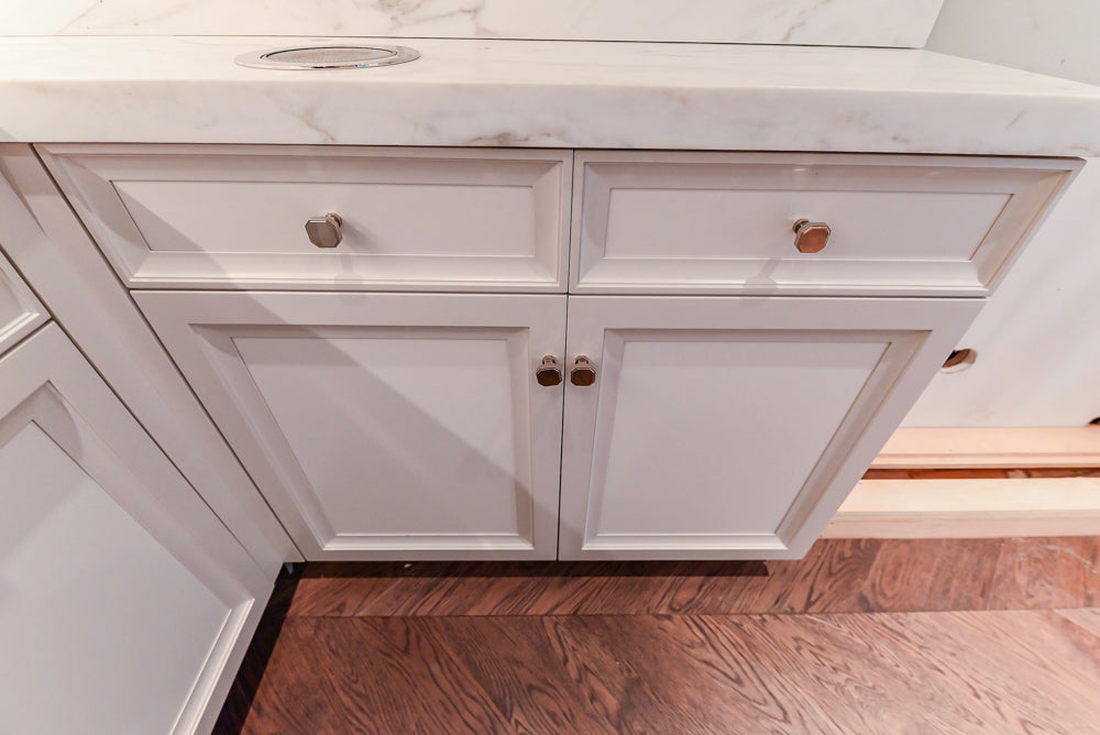 St. Charles Transitional Two-Tone White Butler's Pantry with Calcatta Marble Countertops