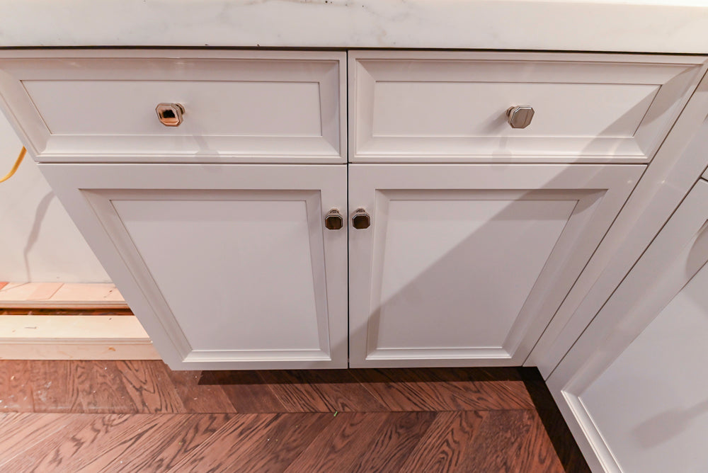 St. Charles Transitional Two-Tone White Butler's Pantry with Calcatta Marble Countertops