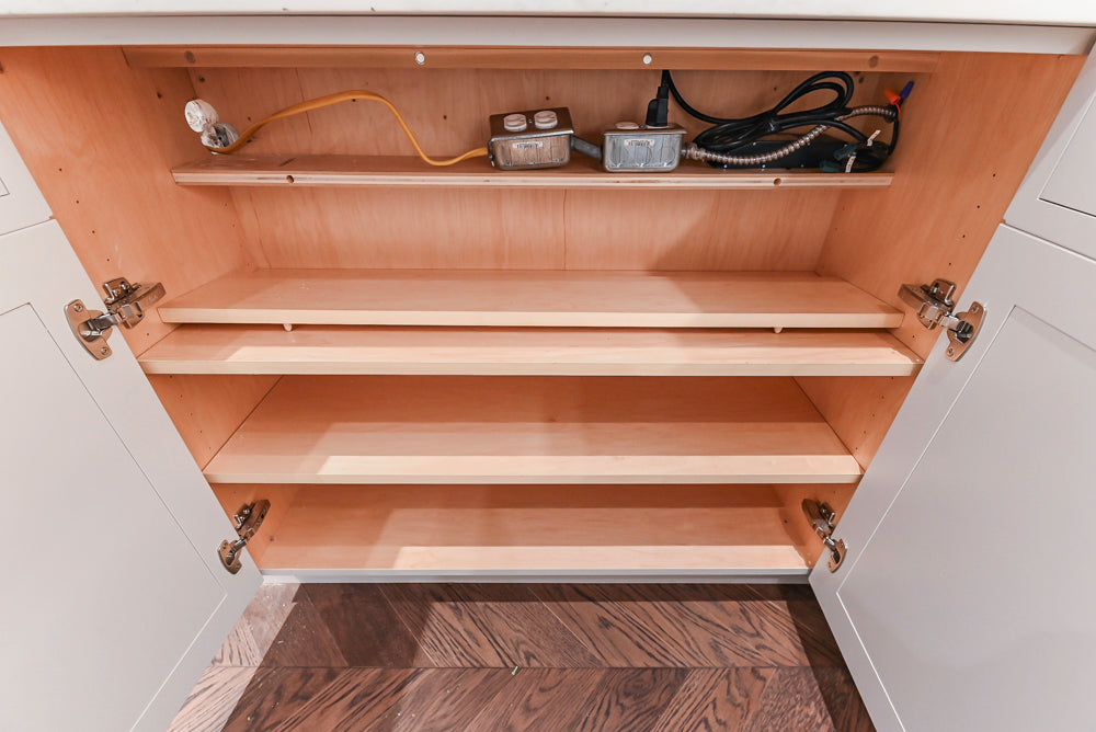St. Charles Transitional Two-Tone White Butler's Pantry with Calcatta Marble Countertops