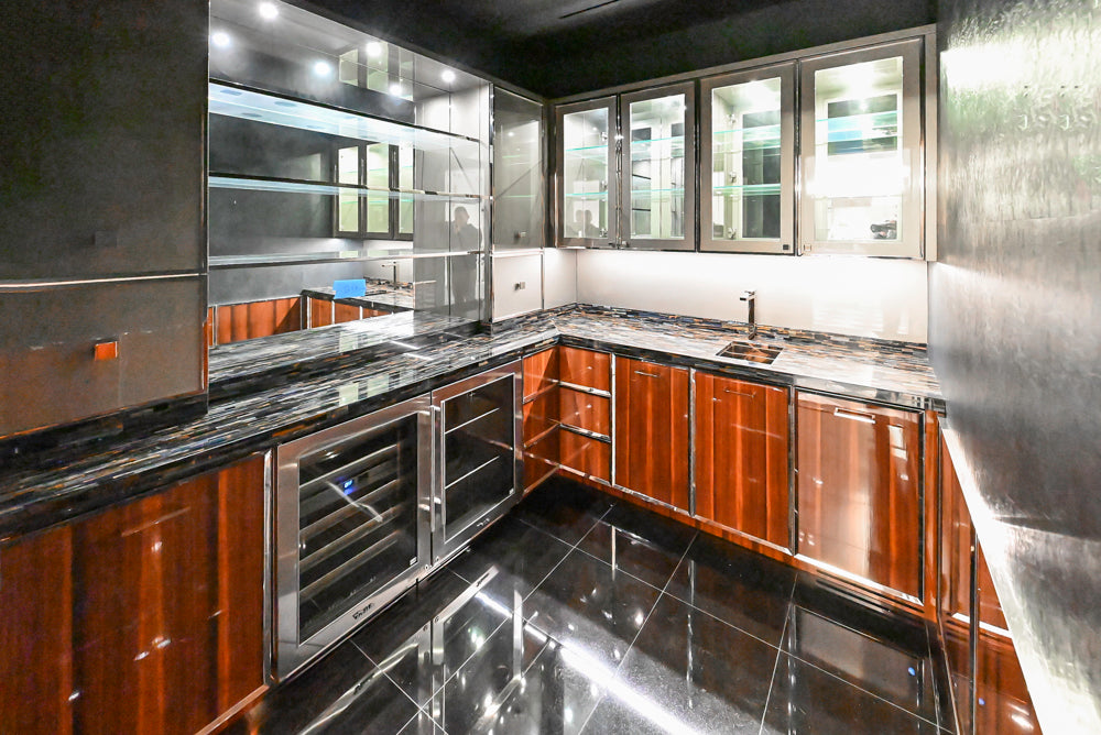 St. Charles Modern Metallic Glossy Veneer & Polished Nickel Wet Bar with Stone Countertops & True Residential Appliances