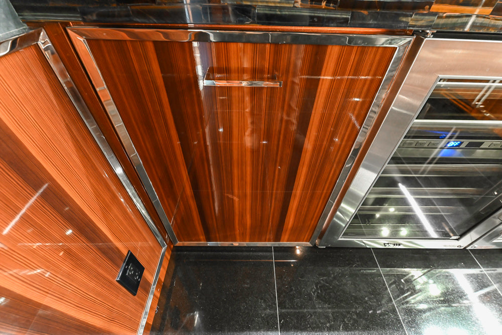 St. Charles Modern Metallic Glossy Veneer & Polished Nickel Wet Bar with Stone Countertops & True Residential Appliances