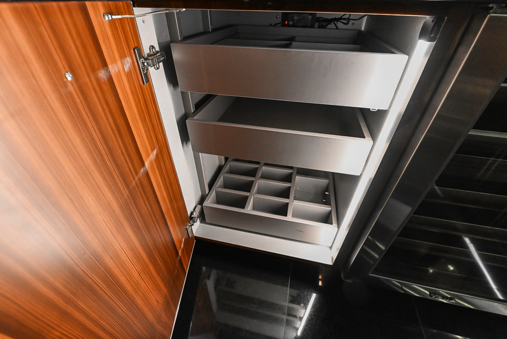 St. Charles Modern Metallic Glossy Veneer & Polished Nickel Wet Bar with Stone Countertops & True Residential Appliances