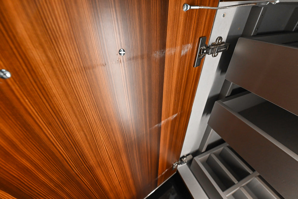 St. Charles Modern Metallic Glossy Veneer & Polished Nickel Wet Bar with Stone Countertops & True Residential Appliances