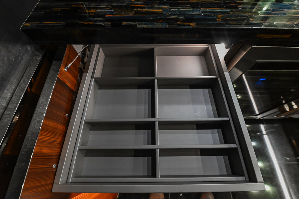 St. Charles Modern Metallic Glossy Veneer & Polished Nickel Wet Bar with Stone Countertops & True Residential Appliances