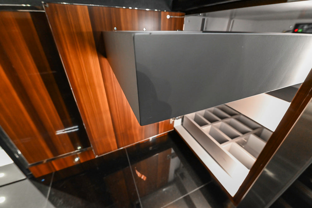 St. Charles Modern Metallic Glossy Veneer & Polished Nickel Wet Bar with Stone Countertops & True Residential Appliances