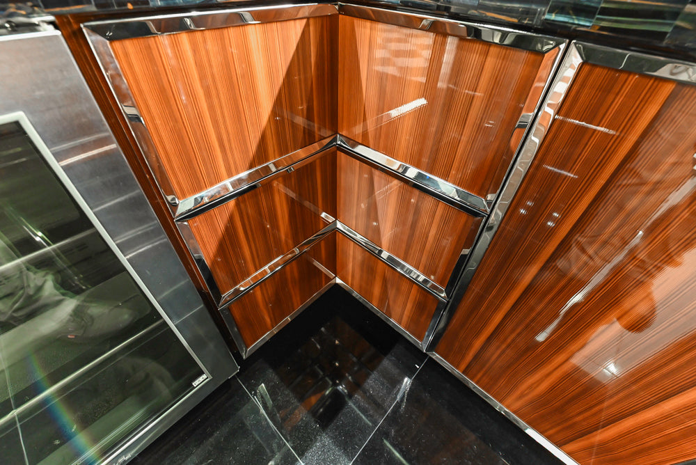 St. Charles Modern Metallic Glossy Veneer & Polished Nickel Wet Bar with Stone Countertops & True Residential Appliances