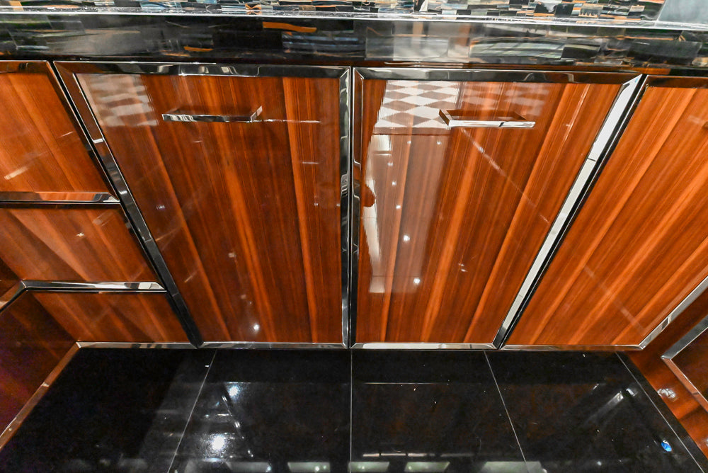 St. Charles Modern Metallic Glossy Veneer & Polished Nickel Wet Bar with Stone Countertops & True Residential Appliances