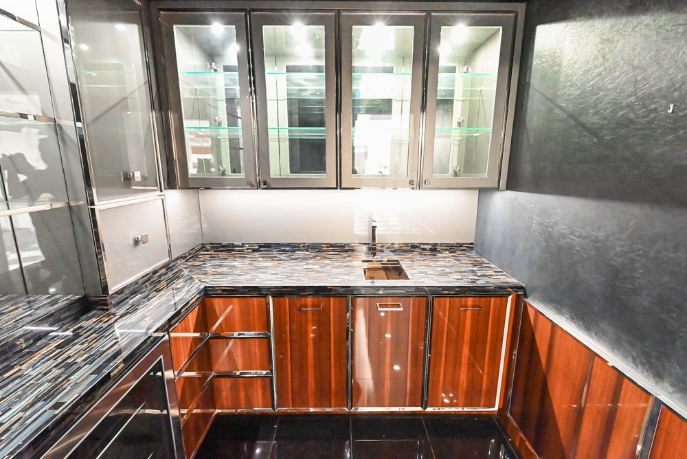 St. Charles Modern Metallic Glossy Veneer & Polished Nickel Wet Bar with Stone Countertops & True Residential Appliances