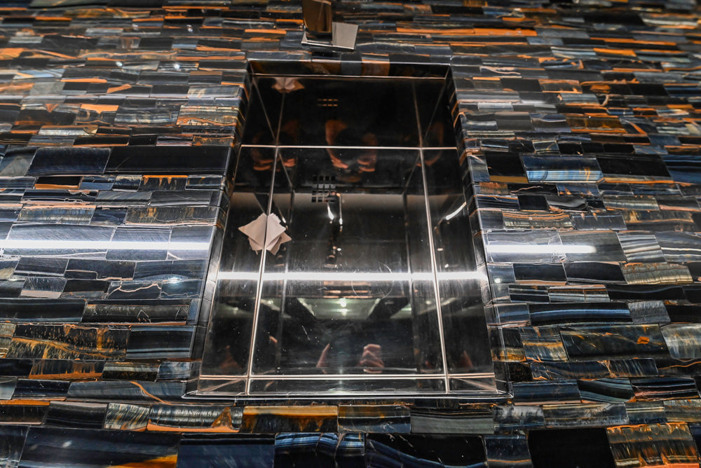 St. Charles Modern Metallic Glossy Veneer & Polished Nickel Wet Bar with Stone Countertops & True Residential Appliances