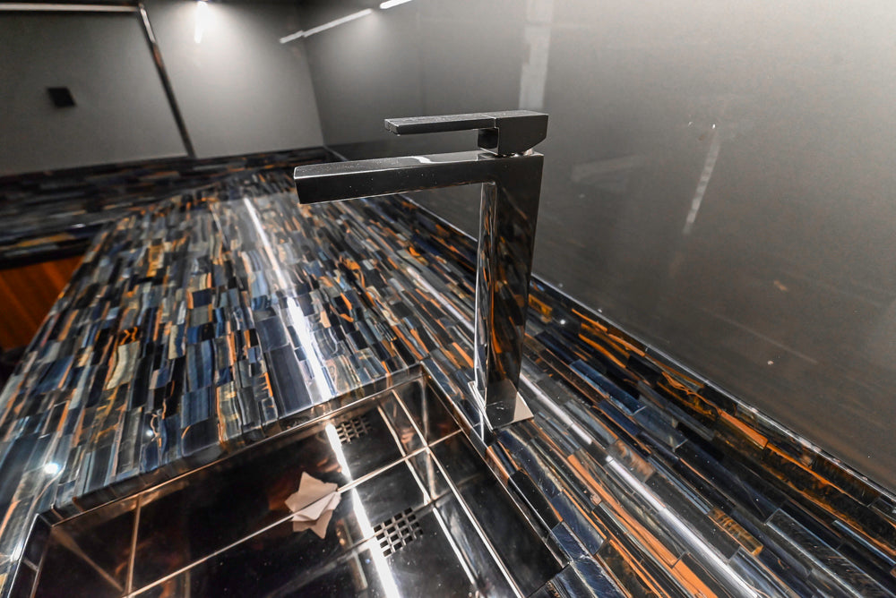 St. Charles Modern Metallic Glossy Veneer & Polished Nickel Wet Bar with Stone Countertops & True Residential Appliances