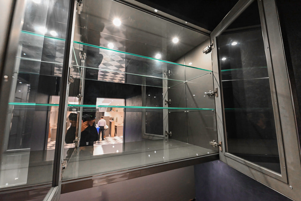 St. Charles Modern Metallic Glossy Veneer & Polished Nickel Wet Bar with Stone Countertops & True Residential Appliances