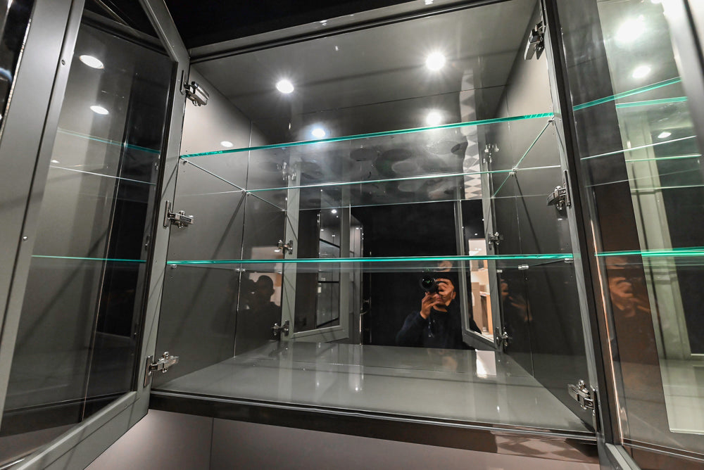 St. Charles Modern Metallic Glossy Veneer & Polished Nickel Wet Bar with Stone Countertops & True Residential Appliances